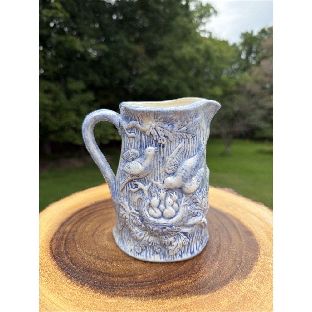 Vintage Blue White Studio Pottery Pitcher Bird Nest Relief Signed JT 6"
